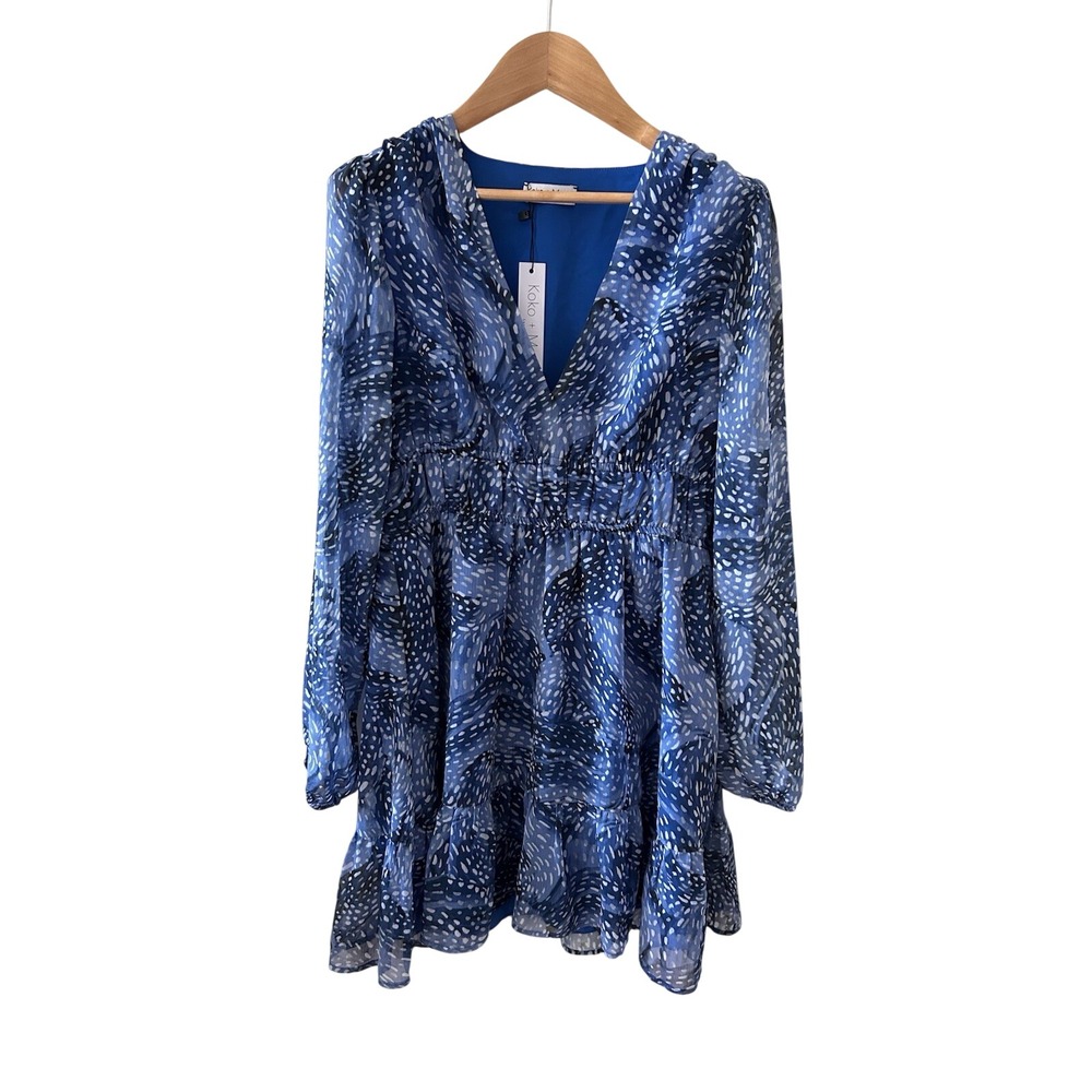 Koko + Me Blue Abstract Dot Print V-Neck Smocked Mini Dress Long Sleeve NWT - Picture 1 of 3